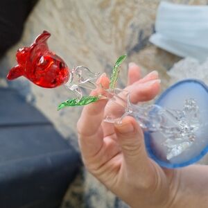 Glass Rose Figurine with Green Leaves
